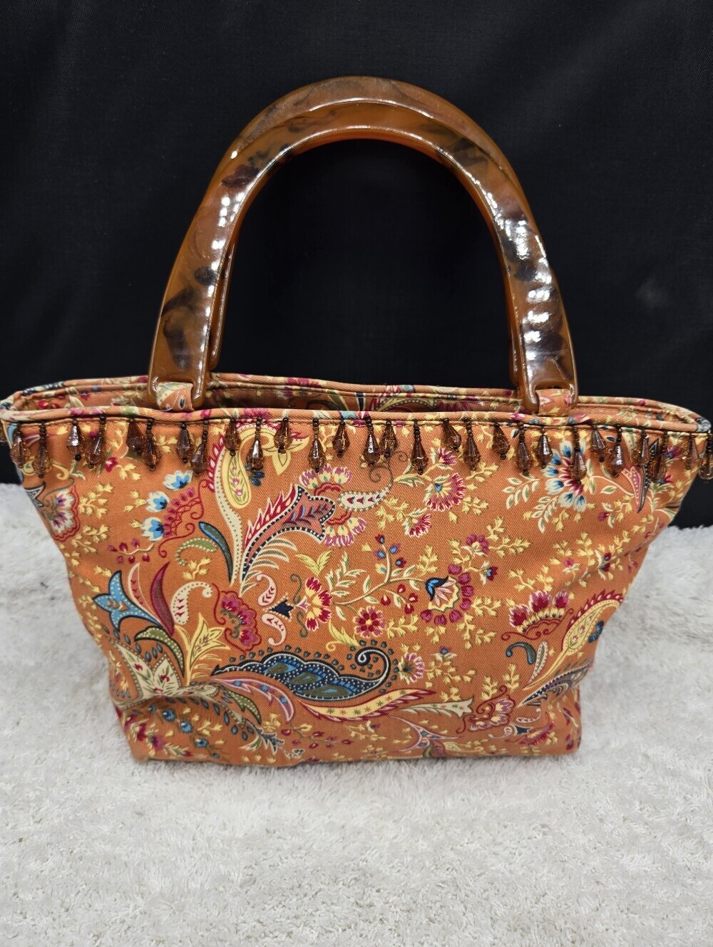Talbots Persimmon Orange Paisley Print Satchel Bag with Shell Handles and Beads